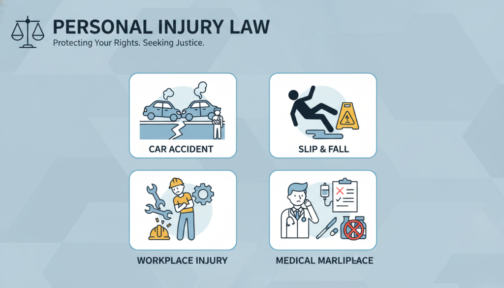 Common personal injury law cases including car accidents, slip and fall accidents, workplace injuries, and medical malpractice