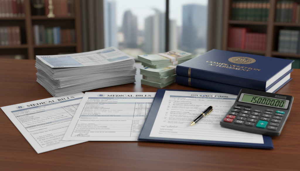 Personal injury compensation claim showing medical bills, insurance documents, settlement agreement, and compensation calculation